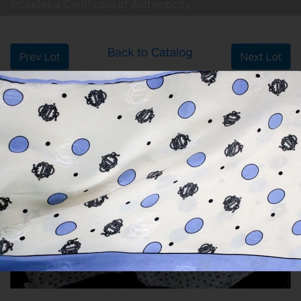Authentic Dior White and Light Blue Polka Dot Silk Scarf with Black Emblem